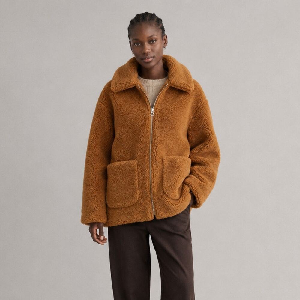 Weekday Felice Fleece Long Sleeve Full Zip Teddy Coat Jacket, size XS